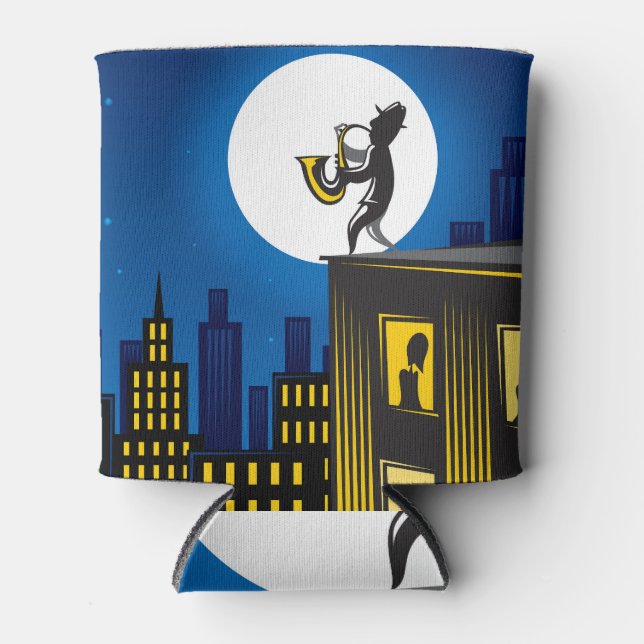 Jazz Player Building Vintage City Can Cooler (Front)