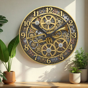 Jazz Trumpet Clock, Steampunk, Gold, Music Round Clock