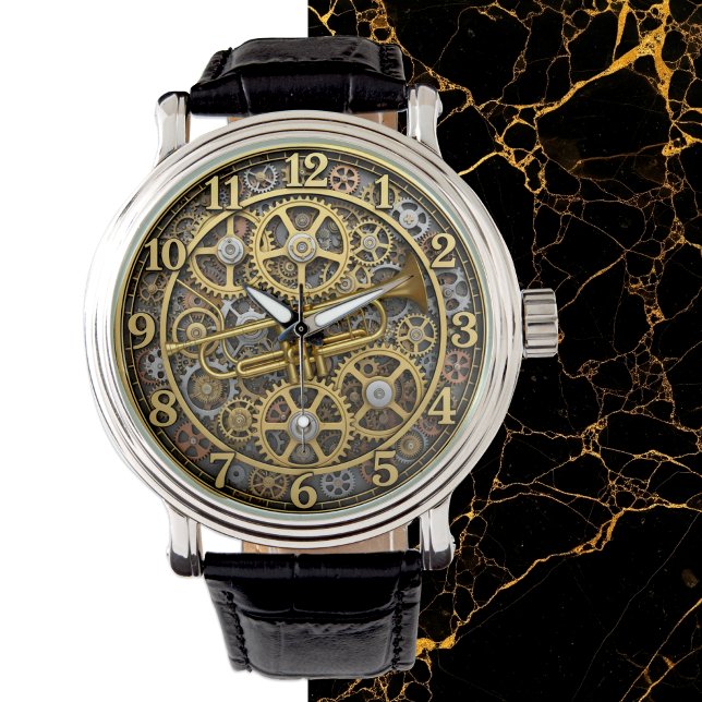 Jazz Trumpet Watch, Steampunk, Gold, Music Watch (Watch with Jazz Trumpet, Steampunk / Industrial)
