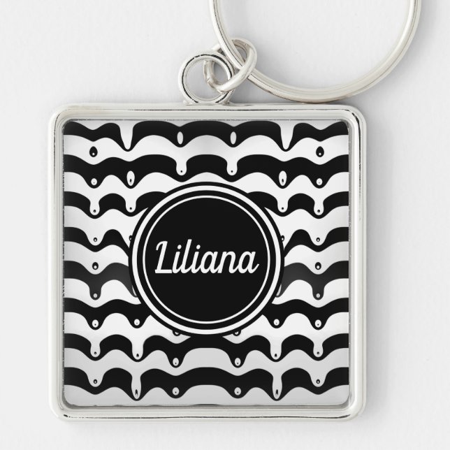 Jazzy Black and White Melting Zebra Stripes Keychain (Front)