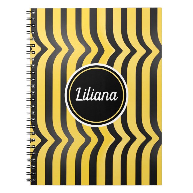 Jazzy Cute Black and Yellow Striped Bumblebee Notebook (Front)