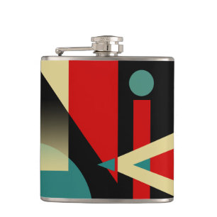 Jazzy Geometric Pattern   black teal red beige Hip Flask