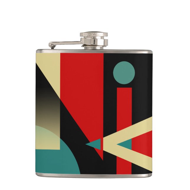 Jazzy Geometric Pattern | black teal red beige Hip Flask (Front)