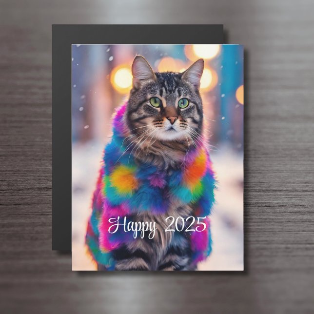 Jazzy Kitty en manteau - Happy 2025 - carte magnét (Créateur téléchargé)