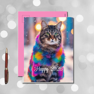 Jazzy Kitty in fur coat - Happy 2026 Holiday Postcard