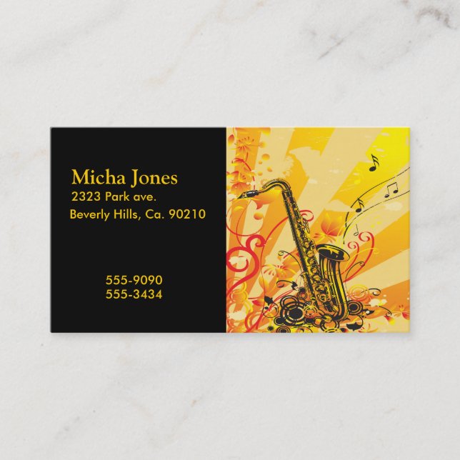 Jazzy Saxophone Beams Of Music Business Card (Front)