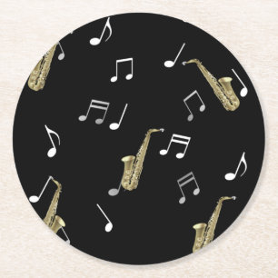 Jazzy Saxophone & Musical Notes Round Paper Coaster