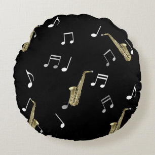 Jazzy Saxophone & Musical Notes  Round Pillow