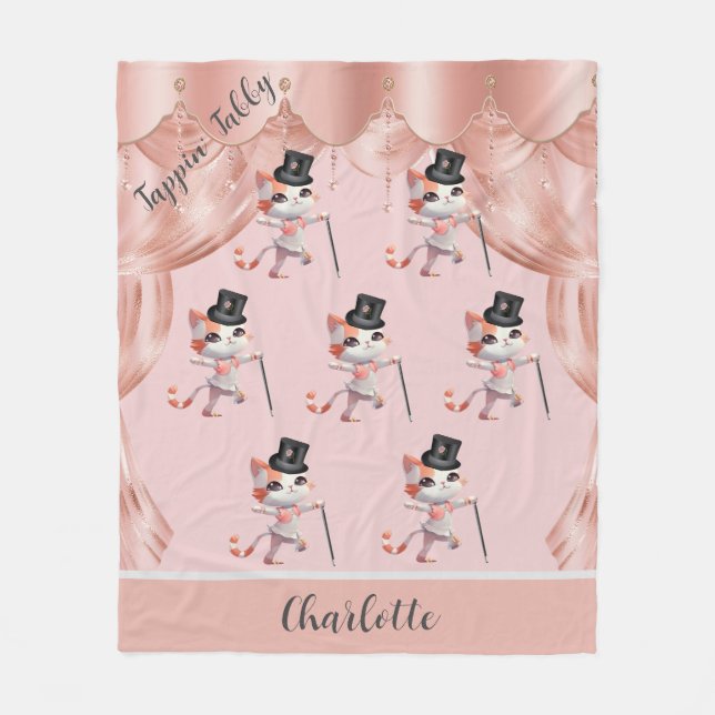 Jazzy Tap Dancing Tabby Cat Hat Cane Monogram Fleece Blanket (Front)