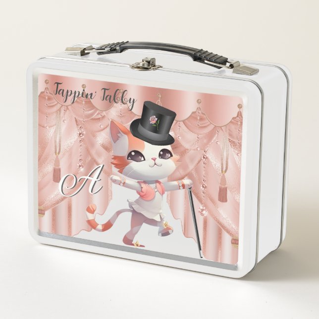 Jazzy Tap Dancing Tabby Cat Hat Cane Monogram Metal Lunch Box (Front)