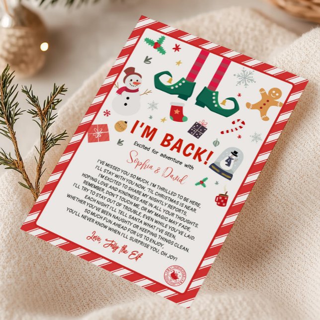 Je suis de retour Elfe Carte de lettre d'arrivée d (I'm Back Christmas Elf Return Arrival Letter Card)