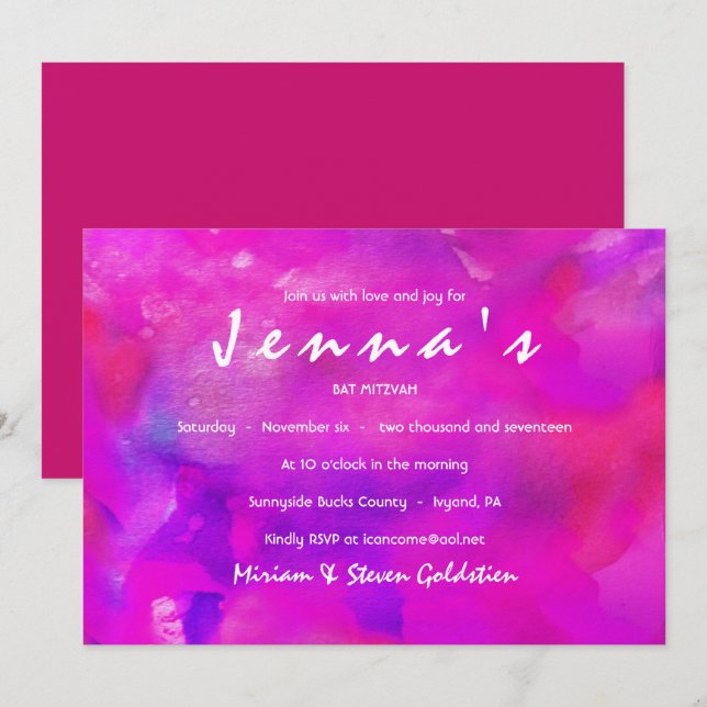Je suis FUSHIA WATERCOLOR Bat mitzvah Invitation (Devant / Derrière)