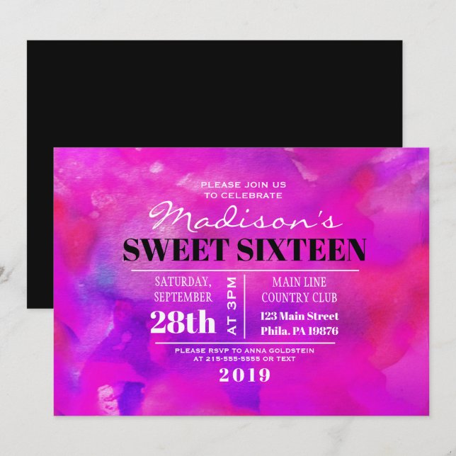 Je SUIS FUSHIA WATERCOLOR Sweet sixteen Invitation (Devant / Derrière)