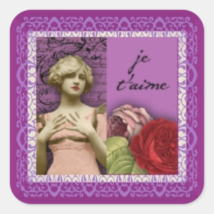 Je T’aime Purple Romantic Girl Vintage Collage Square Sticker