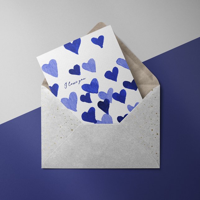 Je t'aime cœurs aquarelle – carte bleue (Créateur téléchargé)
