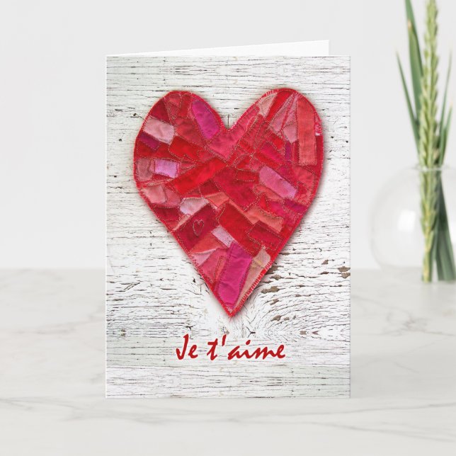 Je t'aime, I Love You, Valentine, Fabric Heart Holiday Card (Front)
