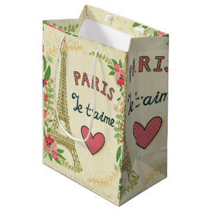 je t'aime,paris,vintage,eiffeltower,heart,flower,r medium gift bag