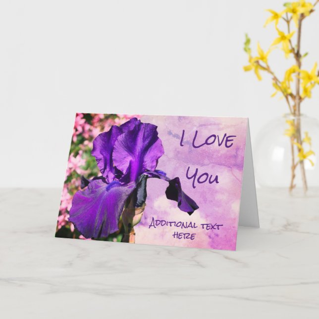 Je t'aime Purple Iris Flower Carte personnalisée (Fleur jaune)