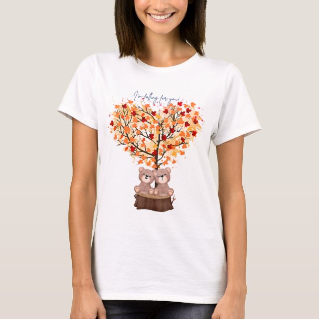 "Je tombe pour toi !" T-shirt automne avec ours (Devant)