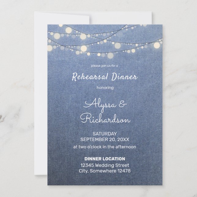 Jean, Lace & String Lights Rehearsal Dinner Invitation (Front)