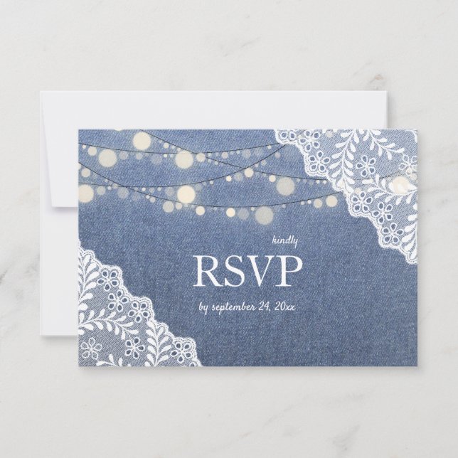 Jean, Lace & String Lights Wedding no Meal 2 RSVP Card (Front)