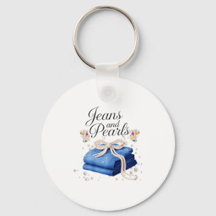 Jeans and pearls stylish denim fashion bow ladies keychain