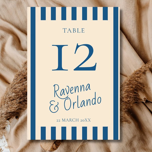 Jeans Blue & Ivory Stripes Retro Minimal Wedding Table Number (Creator Uploaded)