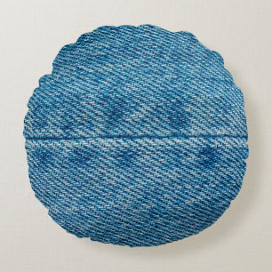Jeans close up background. Denim stitching. Blue f Round Pillow