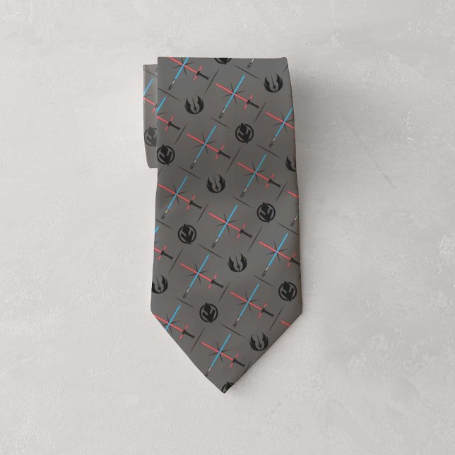 Jedi Vs Sith Lightsaber & Logo Pattern Tie (Tie rolled up on table)
