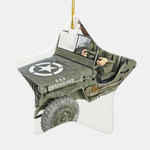 Jeep with 2 cartoon soldiers ceramic ornament