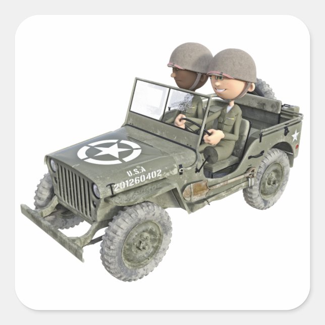 Jeep with 2 cartoon soldiers square sticker (Front)