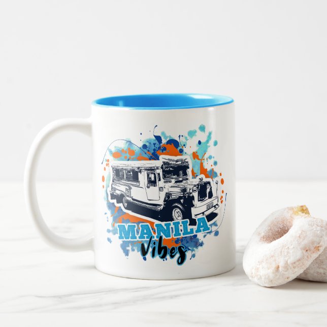 Jeepney Manila Vibes Blue Orange Two-Tone Coffee Mug (With Donut)