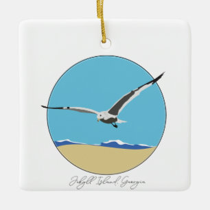 Jekyll Island, Georgia Sea Gull over Beach Ceramic Ornament