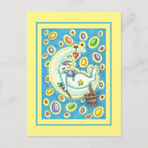 JELLY BEAN DREAMS, SLEEPY EASTER BUNNY ON MOON HOLIDAY POSTCARD