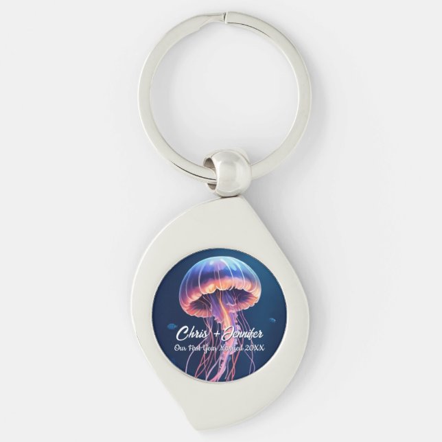 Jellyfish Art, Couple's Names, Year Married Keychain (Front)