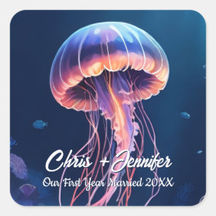 Jellyfish Art, Couple's Names, Year Married Square Sticker