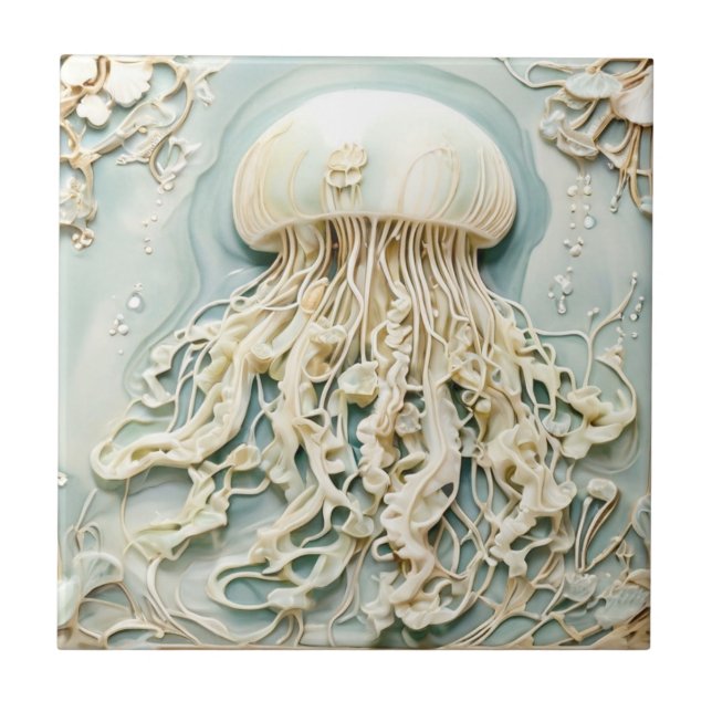 Jellyfish Art Nouveau Faux Relief Mint Cream White Tile (Front)