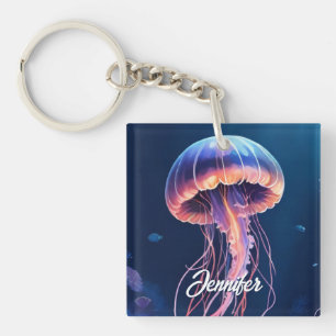 Jellyfish Art, White Script Name Keychain