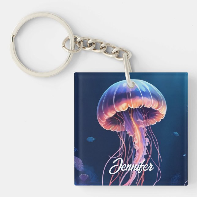 Jellyfish Art, White Script Name Keychain (Front)
