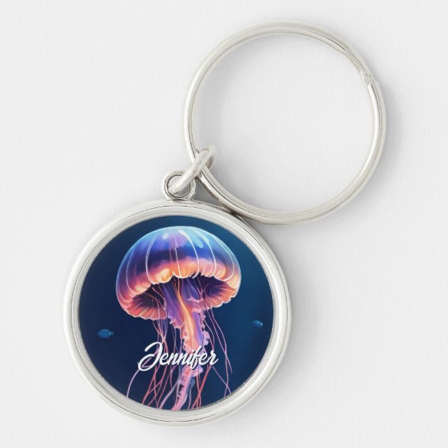 Jellyfish Art, White Script Name Keychain (Front)