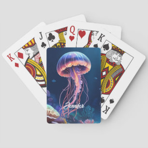 Jellyfish Art, White Script Name Playing Cards