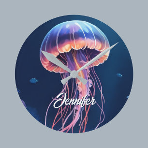 Jellyfish Art, White Script Name Round Clock