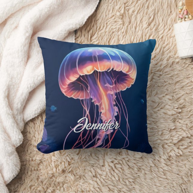 Jellyfish Art, White Script Name Throw Pillow (Blanket)