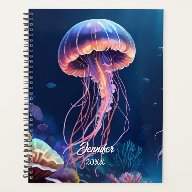 Jellyfish Art, White Script Name, Year Planner (Front)