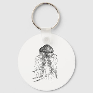 Jellyfish Black and White Pencil Drawing Sketch Keychain
