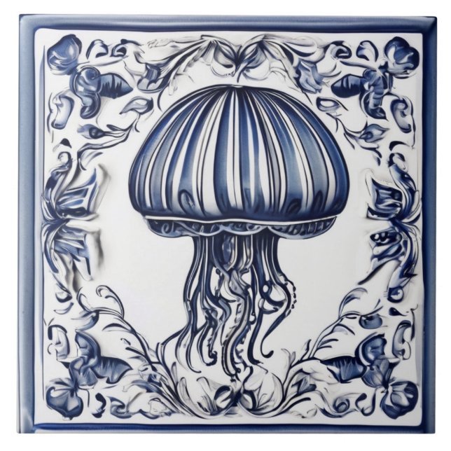 Jellyfish Blue and White Jelly Fish Ocean Marine Tile (Front)