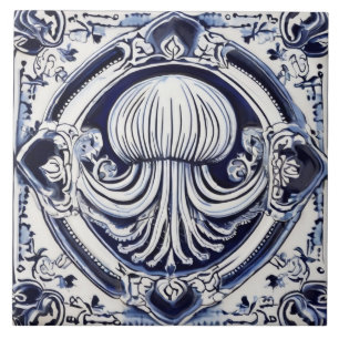 Jellyfish Blue and White Sea Life Beach House Tile