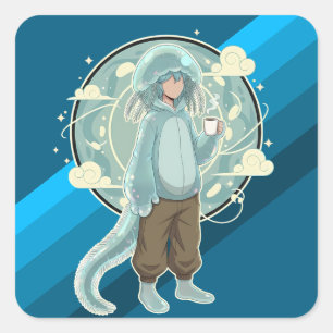 Jellyfish Boy Anime Coffee Art Square Sticker