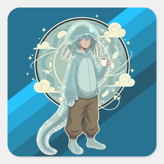 Jellyfish Boy Anime Coffee Art Square Sticker (Front)