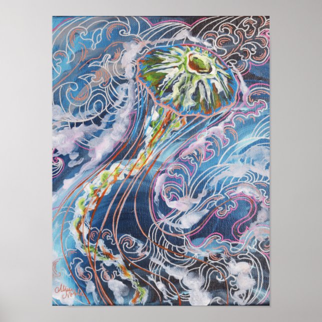 Jellyfish Colourful Ocean Waves Art Print  (Front)
